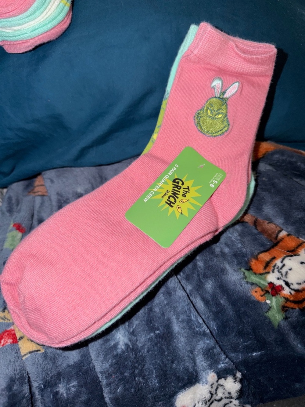 Dr. Seuss 5pair Pink Grinch Bunny-Ear Embroidered Crew Socks